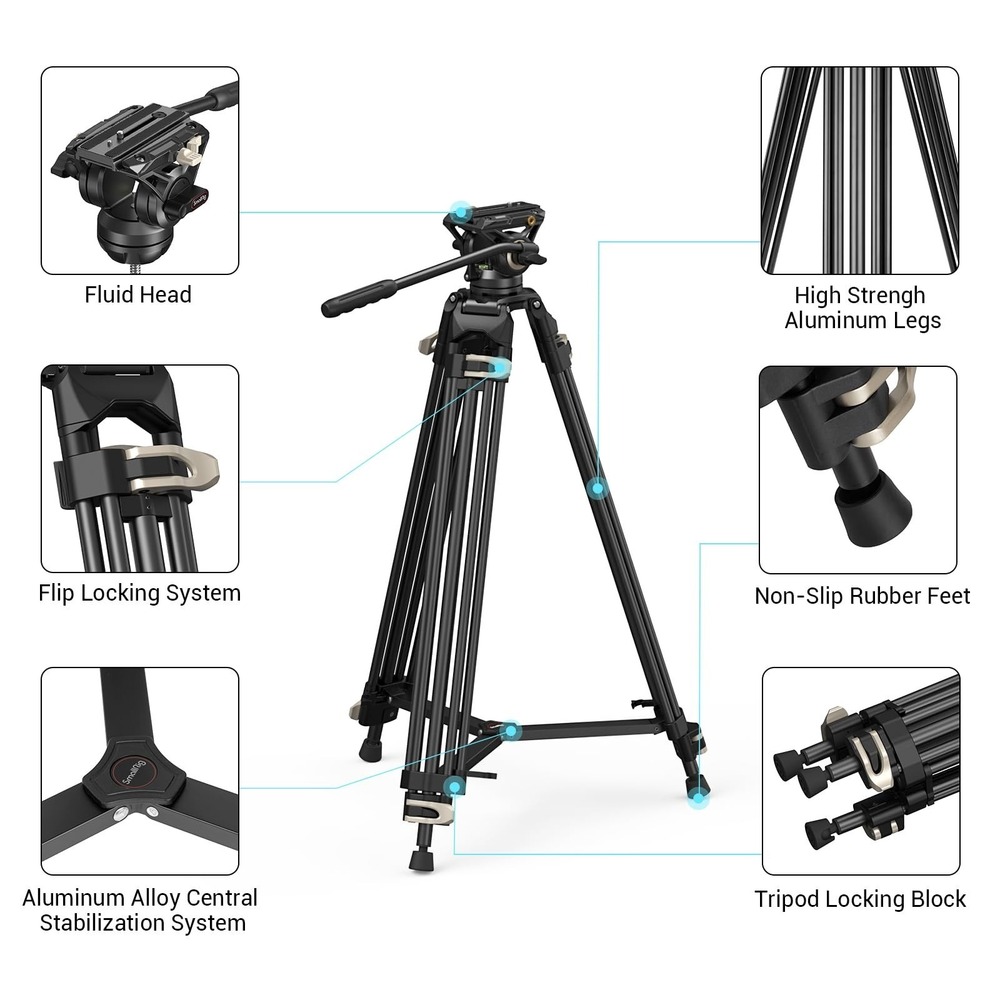 SmallRig AD-01 73in Heavy Duty Video Tripod Fluid Head DSLR Camera Camcorder - Picture 8 of 10